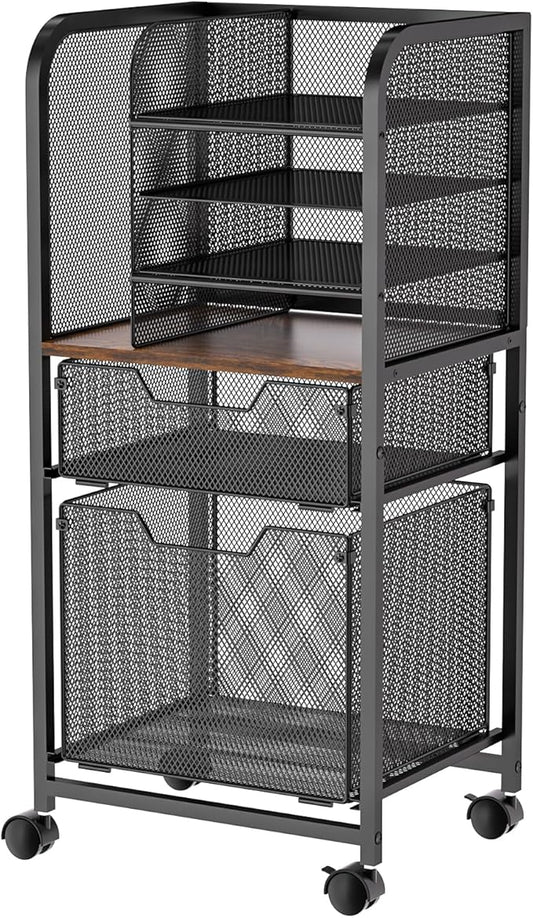 6-Tier Rolling File Cart with 2 Drawers, File Cabinet Organizer for Hanging File Folders, Letter-Size File Storage with Wheels, Multi-Layer Mobile Filing Cabinet for Office and Home
