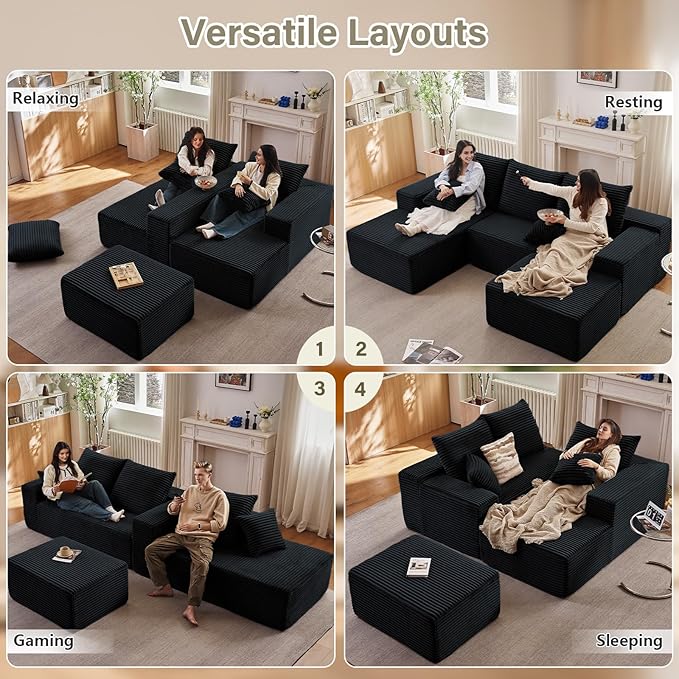 107" L-Shape Sofa with Ottoman, Modern Modular Sectional Comfy U-Shape Cloud Couch, Deep Seat, Upholstered Corduroy Sleeper Chaise Longue for Living Room Bedroom, No Assembly Required, Black