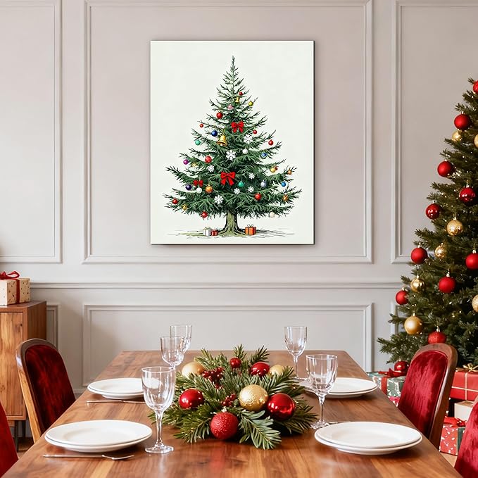 Framed Christmas Pictures Wall Decor,Vintage Pine Tree Prints,Winter Christmas Canvas Wall Art Decoration for Bedroom Bathroom Living Room Rustic Xmas Holiday Gifts (Christmas Tree 8, 24'' X 36'')