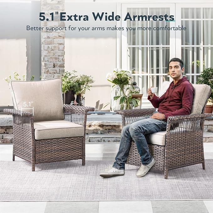 5 Pieces Wicker Patio Furniture Set - Hollow Widen Armrests Outdoor Rattan Chairs with Ottomans and Side Table, Small Patio Convention Set for Balcony Porch Deck and Yard - Brown/Beige