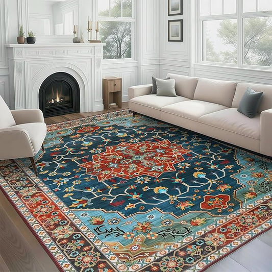 WILLSUN Washable Area Rugs, 8x10 Non-Slip Boho Large Area Rugs for Living Room, Bedroom, Machine Washable Vintage Rug, Indoor Floral Print Carpet for Home Decor, Kid & Pet Friendly Mat