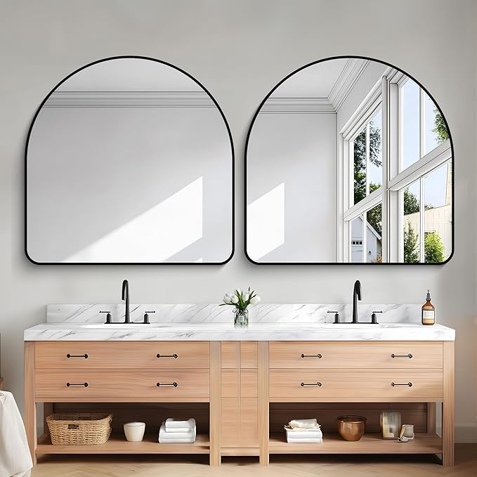 Arched Bathroom Mirror, 40"x40" Black Arched Mirror for Bathroom, Wall Mounted Mirror, Black Vanity Wall Mirror w/Metal Frame for Bedroom, Entryway, Living Room, Hanging or Leaning Against Wall