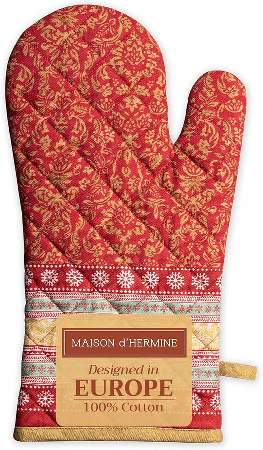 Maison d' Hermine Oven Gloves 100% Cotton Oven Mitt 7" x 13" with Loop Heat Resistant BBQ Cooking Gloves for Thanksgiving Christmas Decorations Baking Handling Hot Pans (Pack of 1, Sofia)