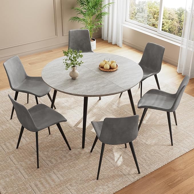 43.3"-59.1" Extendable Round Dining Table Set, Kitchen Table for 6 Person with Scratch-Resistant Thickened MDF Board, Gray Coffee Table w/Metal Legs