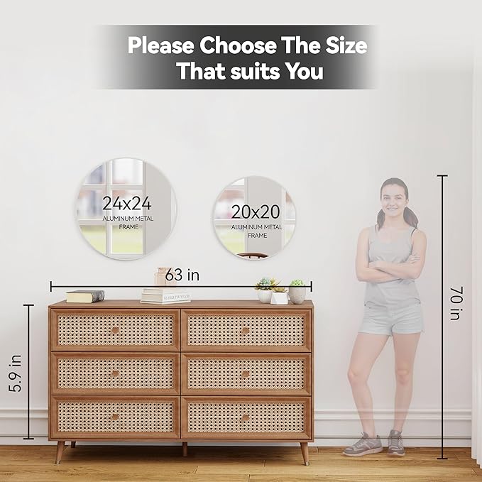 20" Round Mirror Circle Wall Mounted Hanging or Against Wall Metal Frame Dressing Make-up Mirrors for Entryway Bedroom Bathroom Living Room 20 inch Silver