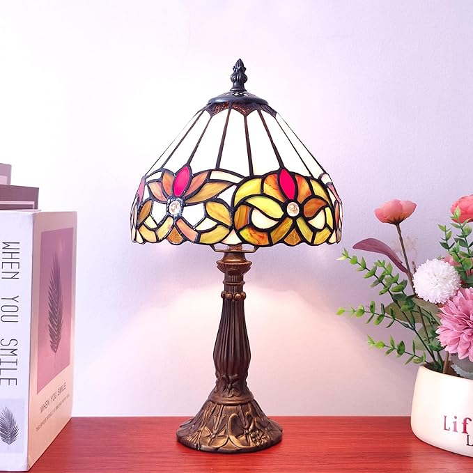 Tiffany Style Small Table Lamp Stained Glass Antique Bedside Nightstand Lamp Small Antique Side Desk Light 8X8X15 Inch for Bedroom Living Room Home Office,3-Color LED Bulb Include