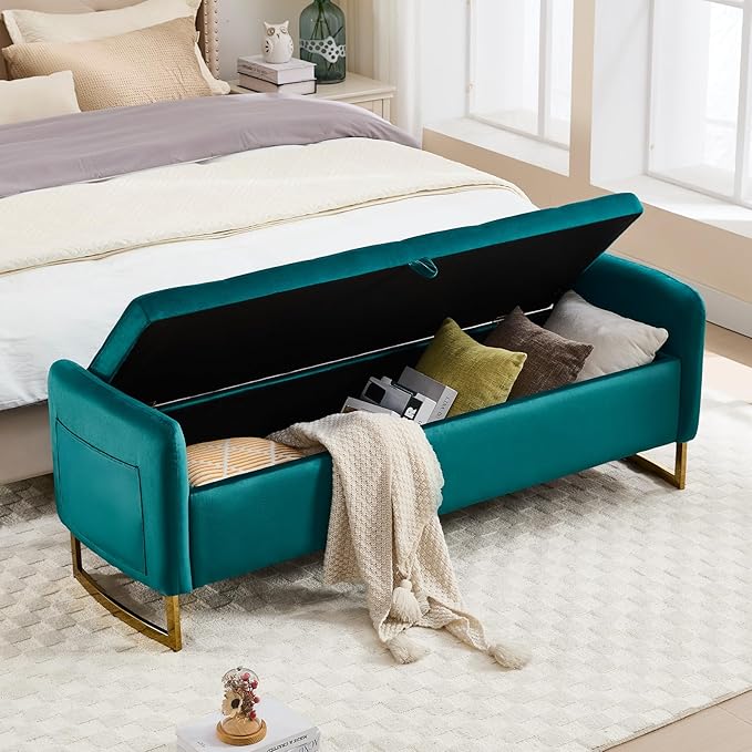 65" Storage Ottoman Bench, End of Bed Storage Bench King Size with Tufted Button Upholstered and Gold Legs, Bedroom Benches with Armrests for Living Room Window, Vintage Green
