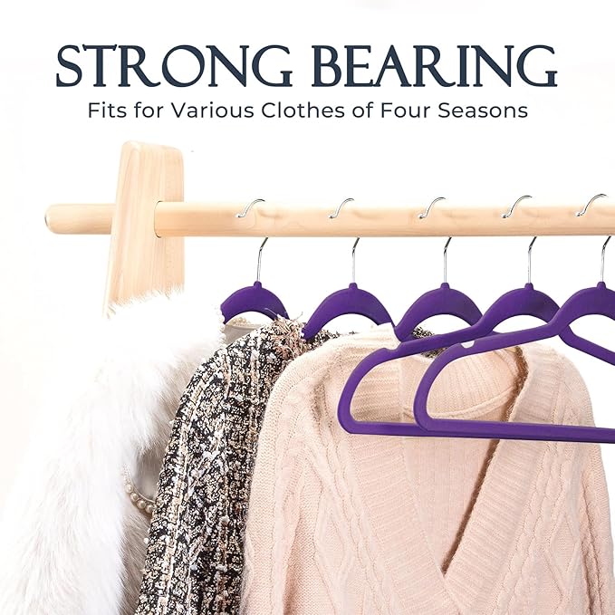 HOUSE DAY Noble-Purple Velvet Hangers 60 Pack, Non Slip Clothes Felt Hanger Heavy Duty for Coat, Premium Slim Space Saving Suit Hangers for Closet Organizer, 360° Rotating Silver Hook