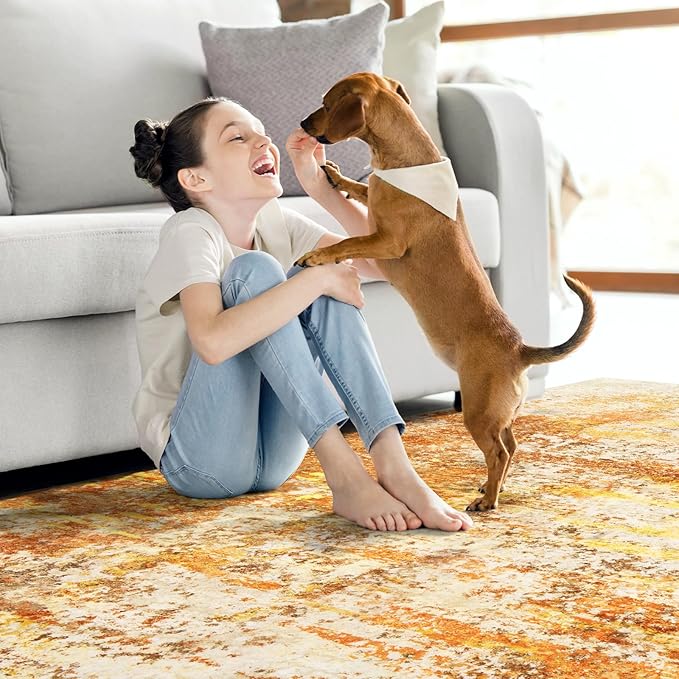 Washable Area Rugs for Living Room - 10x14 Abstract Modern Rug Neutral Soft Rug Stain Resistant Non-Shedding No Slip Low Pile Large Carpet for Bedroom Dining Room Nursery Home Office - Orange/Gold