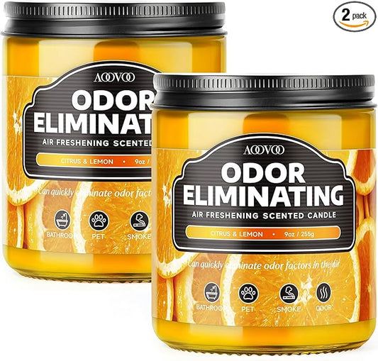 AOOVOO Citrus & Lemon 2 Pack Odor Eliminating Highly Fragranced Candle - Eliminates 95% of Pet, Smoke, Food and Other Smells Quickly, Air Freshing Soy Candle, 18 oz Up to 100 Hours Burn time