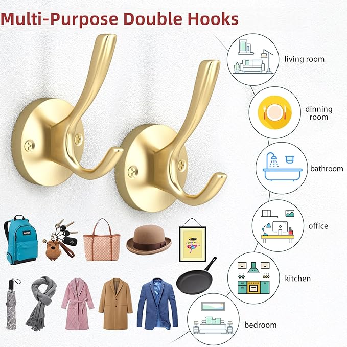 ZUONAI Gold Bathroom Towel Hooks Gold Coat Hooks 2 Pack Heavy Duty Brushed Towel Hooks Screws Solid Brass Wall Hooks for Hanging Coats, Hats, Jacket, Clothing and Keys in Bedroom Bathroom