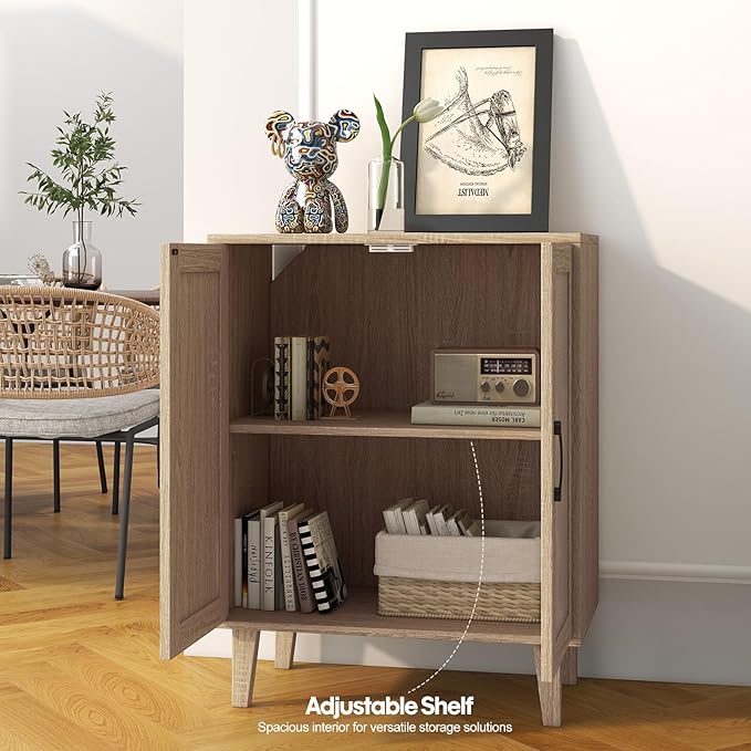 Panana Buffet Cabinet Sideboard with Rattan Decorated Doors Kitchen Storage Cupboard Accent Cabinet (Natural Wood)