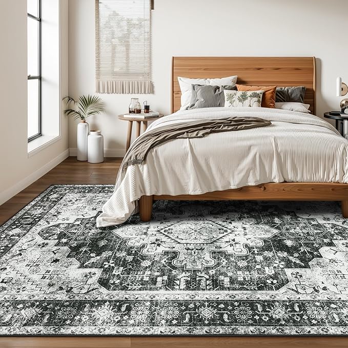 Moynesa Ultra-Thin Washable Area Rugs 8x10 Black and White Rugs for Living Room, Boho Large Rugs for Bedroom Non Slip Lightweight, Vintage Low Pile Carpet for Dining Room Home Office Decor