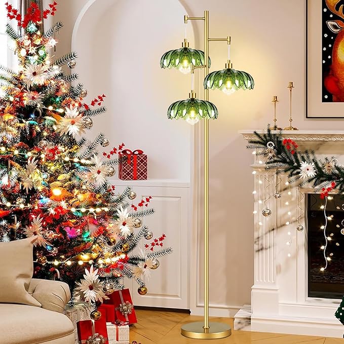 Gold Floor Lamps for Living Room Vintage Floor Lamp with Glass Lmapshape & Three Led Bulb,Green Floor Lamp Brass Mid Century Modern Standing Lamp Tall Tree Flower Floor Lamps for Bedroom,Office,Corner