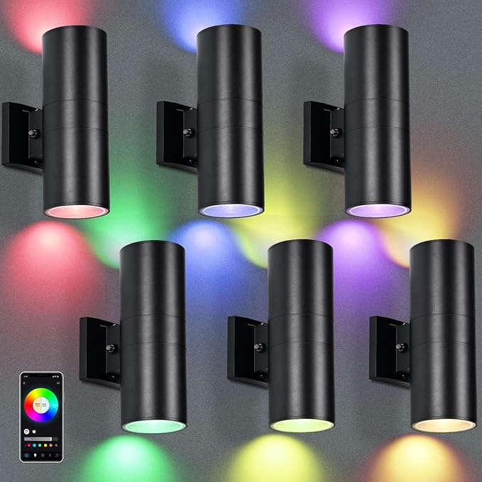 RGBCW Outdoor Wall Light 6 Pack, Smart Porch Light Dusk to Dawn Lighting with Remote Control, WiFi Outdoor Wall Sconce, Compatible with Alexa, Exterior Lights for House Porch Garage
