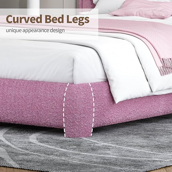 BarnFurin Twin Size Bed Frame, Boucle Upholstered Platform Bed Frame with Headboard, Modern Style, Soft Rounded Corners, No Box Spring Required, Easy Assembly, Rose Pink