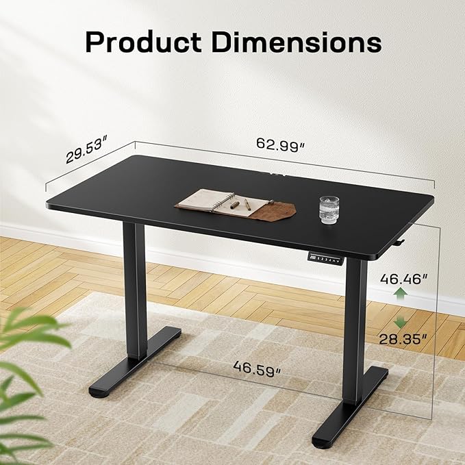 Marsail Electric Standing Desk with One-Piece Desktop,63 x 30 inch Height Adjustable Office Gaming Computer Desk with Deeper Tabletop, Stand up Desk with 4 Memory Presets, table for Bedroom,2 Packages