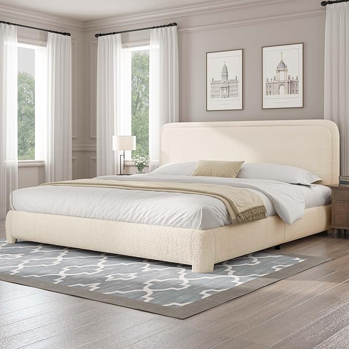 BarnFurin Boucle Upholstered Bed Frame King Size/Cloud Bed Frame/Soft Rounded Corners Headboard/Low Profile/No Box Spring Needed/Cream