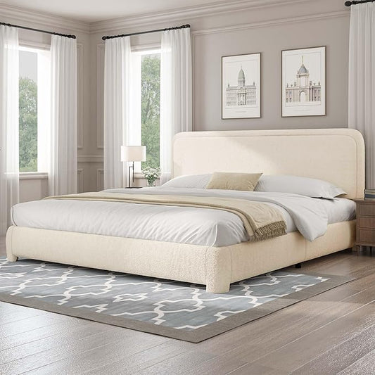 BarnFurin Boucle Upholstered Bed Frame King Size/Cloud Bed Frame/Soft Rounded Corners Headboard/Low Profile/No Box Spring Needed/Cream