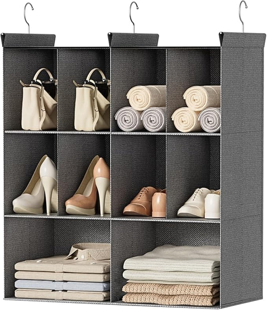 Ofiray-home 3 Tier Hanging Closet Organizer, 10 Compartments Sweater Organizer for Closet with 3 Sturdy Hooks, Closet Organizers and Storage, Wardrobe, Rv, Garment Rack, Grey