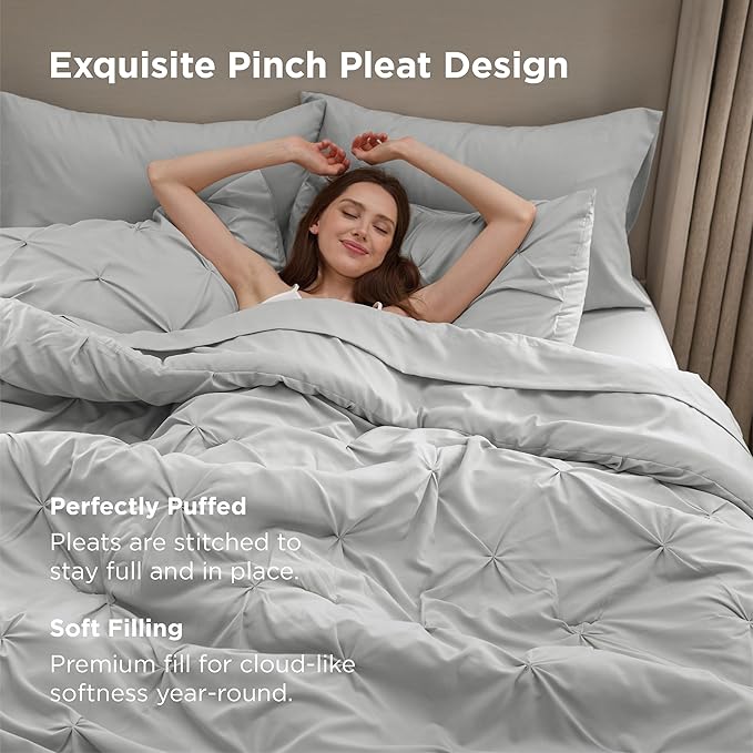 Bedsure Queen Comforter Set Light Grey - Bed in a Bag Queen Size Bedding 7 Pieces, GentleSoft™ Pintuck Bed Set Gift for Family, Pinch Pleat All Season Comforter with Sheets, Pillowcases & Shams