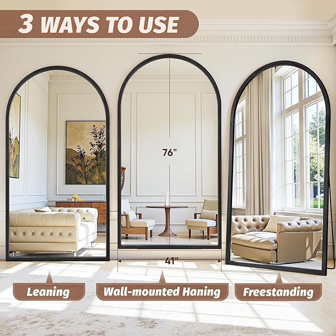 Full Length Mirror 76"×41" Floor Mirror Standing Tall Mirror, Arched Stand up Large Wall Mirrors, Freestanding Full Body Mirrors for Bedroom Living Room Wood Antique Style Black
