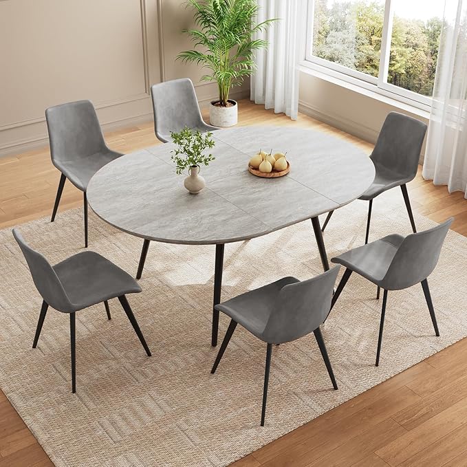 43.3"-59.1" Extendable Round Dining Table Set, Kitchen Table for 6 Person with Scratch-Resistant Thickened MDF Board, Gray Coffee Table w/Metal Legs