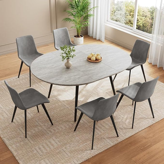 43.3"-59.1" Extendable Round Dining Table Set, Kitchen Table for 6 Person with Scratch-Resistant Thickened MDF Board, Gray Coffee Table w/Metal Legs