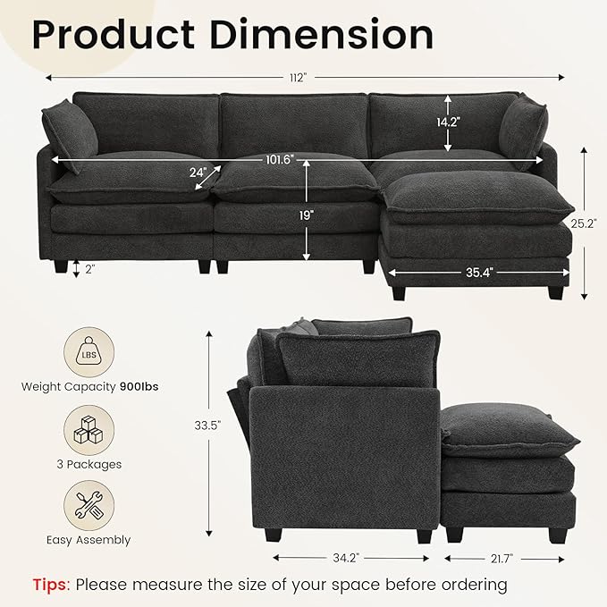 ROWHY Oversized Modular Sectional Couch with Movable Ottoman, 112" Modern Convertible L Shaped Sofa Set, 4 Seat Comfy Cloud Couch with 2 Throw Pillows, for Living Room, Chenille, Charcoal Grey