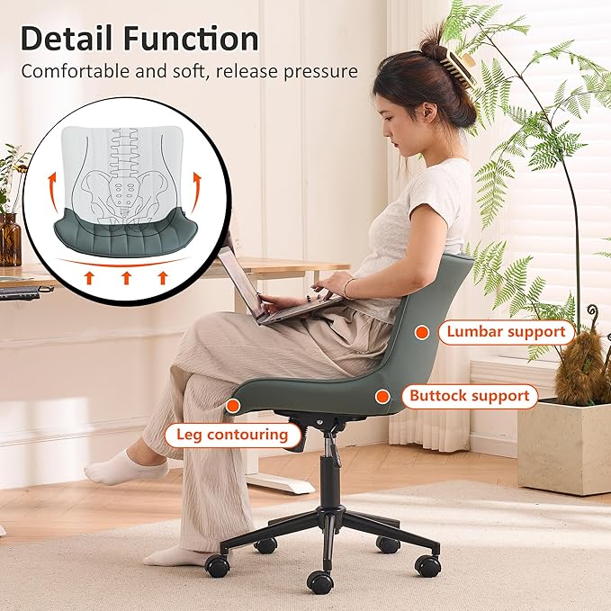 Kidol & Shellder Leather Home Office Desk Chair with Wheels Modern Cute Armless Executive Swivel Vanity Chair with Comfy Back Ergonomic Rolling Adjustable Computer Task Chair Small Greyish Green