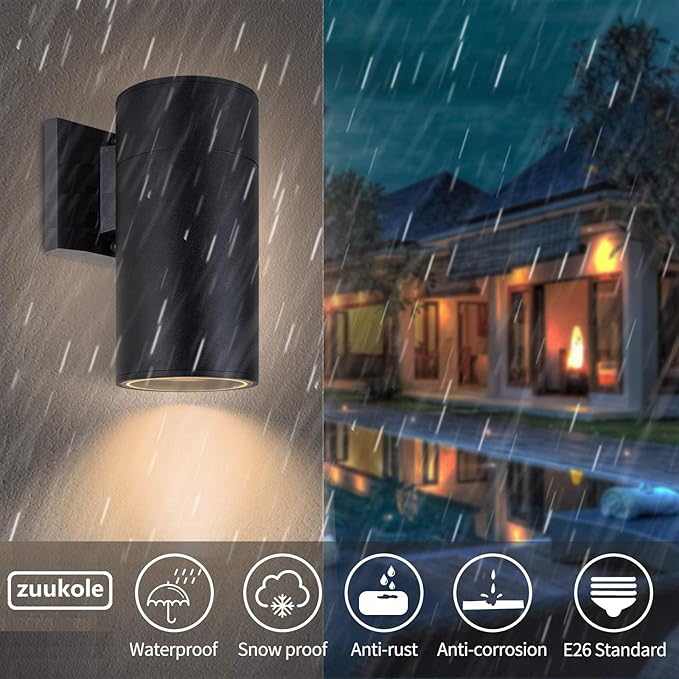 Outdoor Wall Light, Exterior Lighting - ETL Listed, Die-cast Aluminum Anti-Rust Waterproof Wall Mount Cylinder Design – 1-Direction Up or Down Light Fixture for Porch, Garage or Patio (3 Pack)