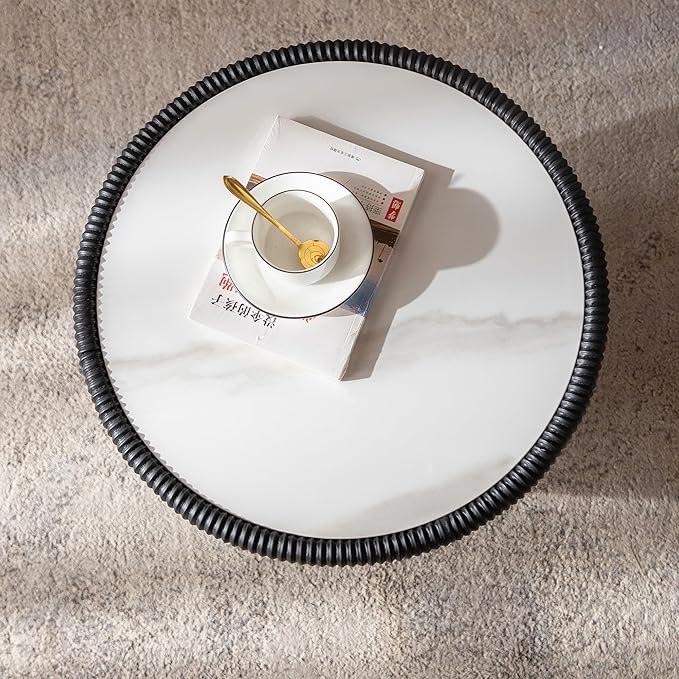 Black Round Coffee Table with Sintered Stone Tabletop, 19.69 Drum Coffee Table with Fluted PU Leather Covered and Metal Base, Circle Cocktail Tea Table for Living Room