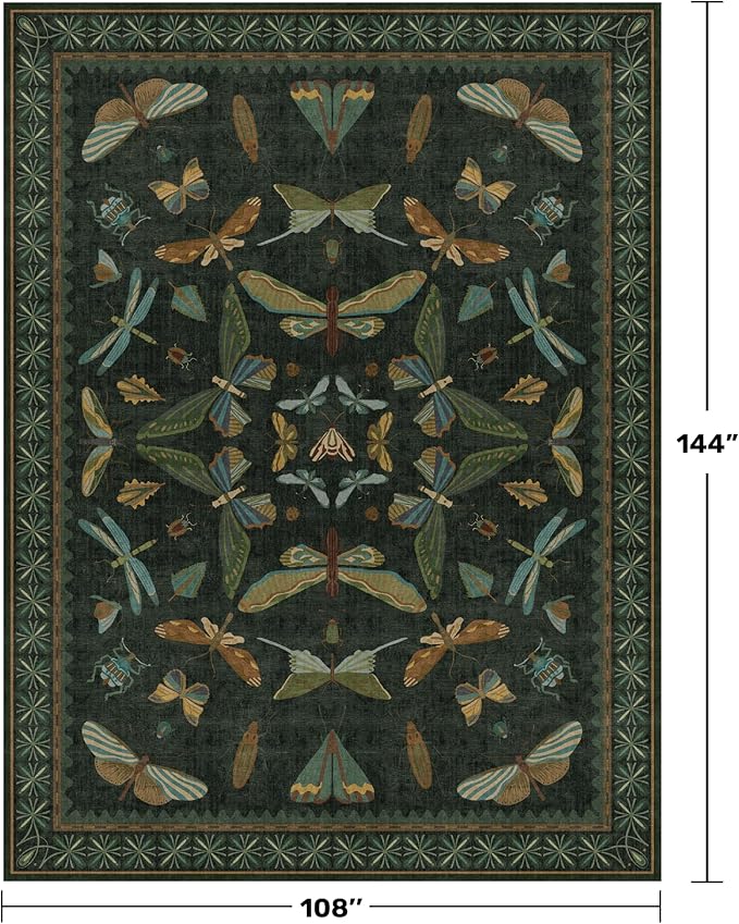 Forest Green Rugs for Living Room - 9x12 Big Rugs for Bedroom, Dining Room, Guest Room, Insect Moth Décor, Non Slip Low Pile