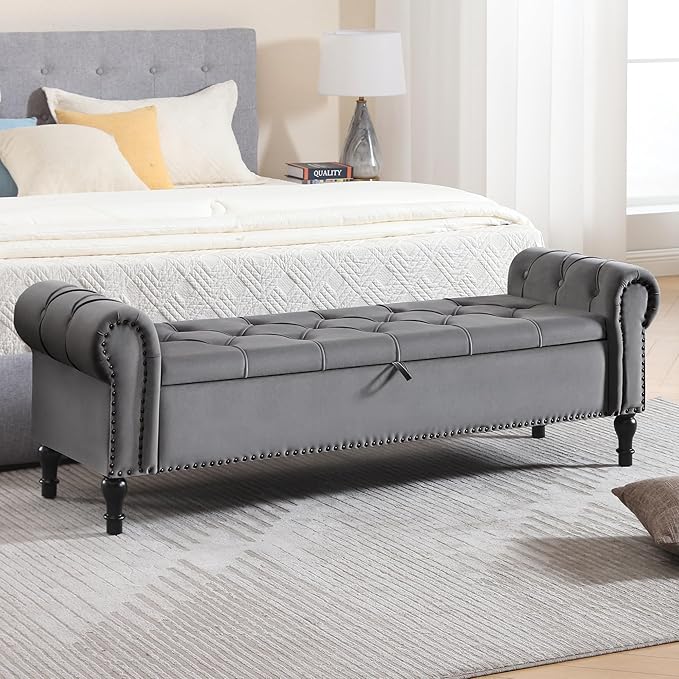Velvet Storage Bench 67 Inch Upholstered Tufted Ottoman Bench with Rolled Arms Large Storage Space King Size End of Bed Bench for Bedroom Living Room Entryway Dark Grey
