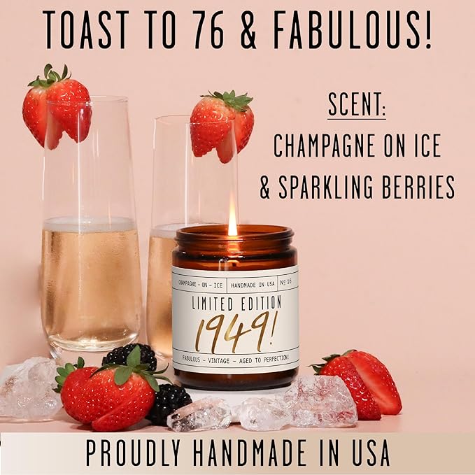 76th Birthday Gifts for Women - 'Limited Edition 1949' Soy Candle, w/Champagne on Ice I 76 Birthday Gifts for Women I 76th Birthday Gift for Her Ideas I 9oz Reusable Jar, 50Hr Burn, Made in USA