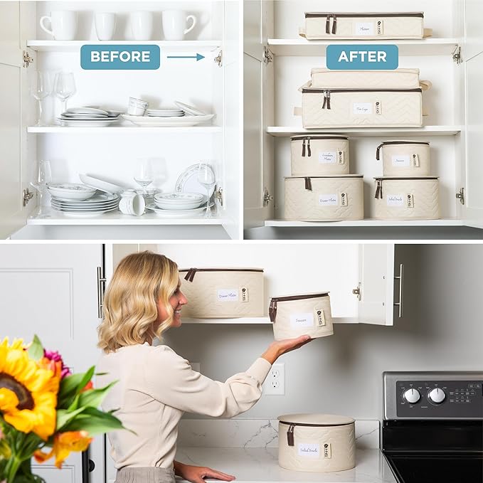 Hard Shell China Storage Containers 12-Piece Set Moving Boxes for Dinnerware, Glasses, Plates, Mugs and Saucers Sturdy Dish Organizer with Dividers for Seasonal Storage - Service for 12 -Beige Quilted