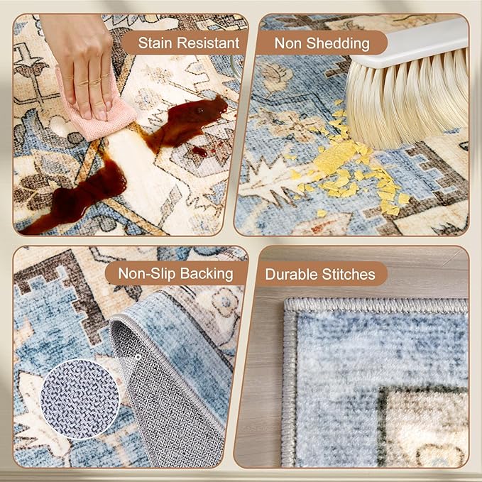 Area Rugs for Living Room 6x9 - Machine Washable Vintage Oriental Soft Rug, Low Pile Thin Floor Carpet with Non Slip Backing for Bedroom, Dorm, Under Dining Room Table, Indoor House, Office Decor