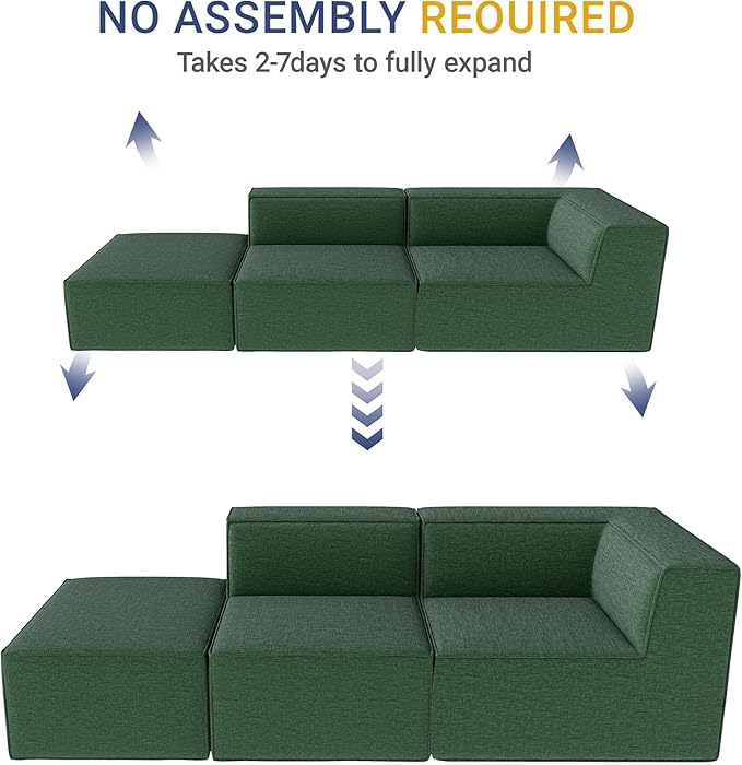 106" Sectional Compressed Sofa Modular Couches,High-Density Foam No Assembly Required,3-Piece(1xCorner 1xArmless 1xOttoman) for Living Room, Chenille Green