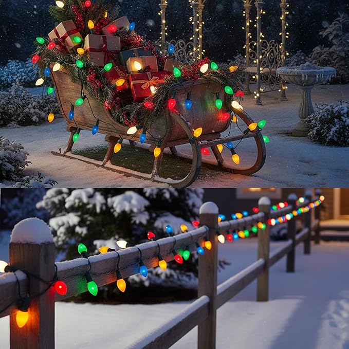 C7 LED String Lights,25Ft Retro Ceramic Multicolor Lights with 27 Vibrant LED Bulbs (2 Spare) on Green Wire–Perfect for Christmas, Parties, Backyard & Wedding Décor