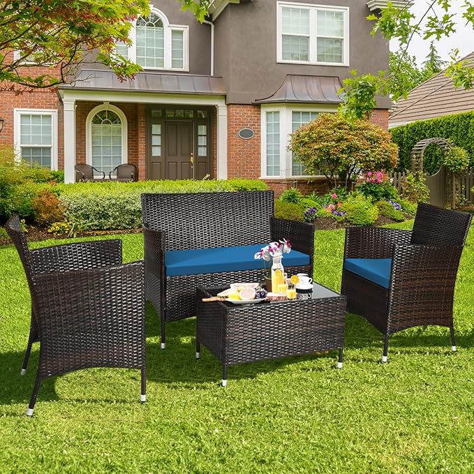 Tangkula 8 Pieces Patio Rattan Conversation Set with Tempered Glass Coffee Table & Thick Cushion, Wicker Set for Garden, Lawn, Poolside and Backyard