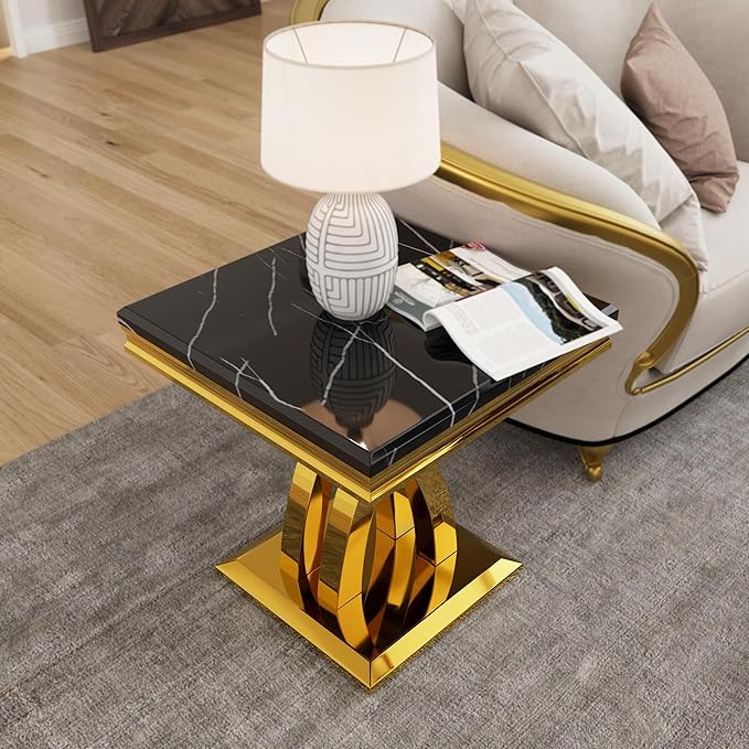 AUZ 3 Pieces Black Gold Living Room Table Set, Coffee Table and 2 End Side Table with X-Shape Design Polished Stainless Steel Frame