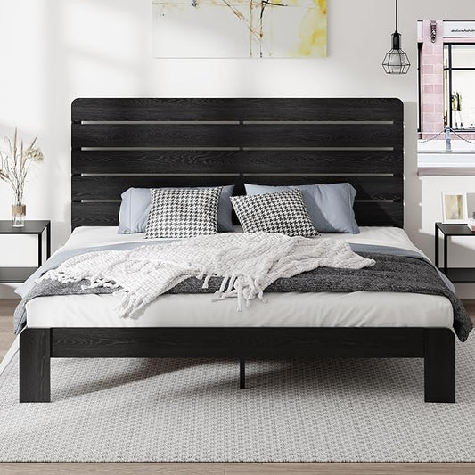 King Size Bed Frame with Wooden Headboard and Footboard, Rustic Platform Bedframe, Wood Slats Support, No Box Spring Needed, Under Bed Storage, Easy Assembly, Black