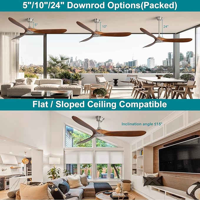 Sofucor Ceiling Fan Without Lights, 60 Inch Low Profile Flush Mount Mordern Wood Ceiling Fan with Remote for Indoor Farmhouse Bedroom Living Room Outdoor Patio Porch, Reversible DC Motor, Noiseless