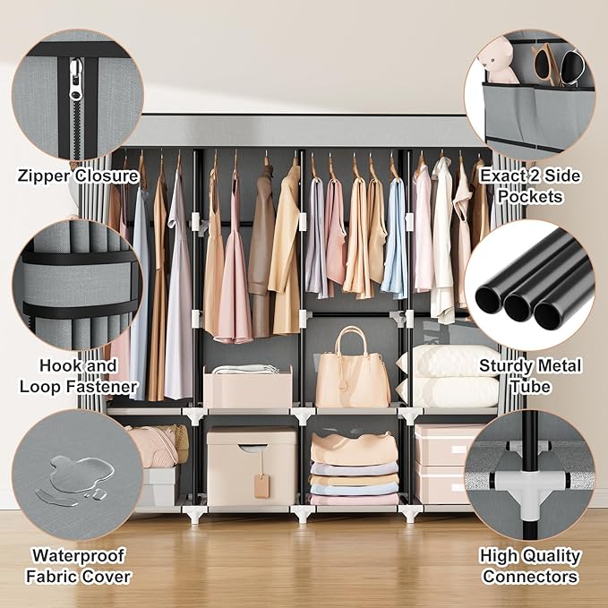 VTRIN Portable Closet for Hanging Clothes 67 Inch Wide Large Capacity Portable Wardrobe Closet with Cover, 4 Storage Shelves and 4 Hanging Rod Sturdy Free Standing Closet for Bedroom, Grey