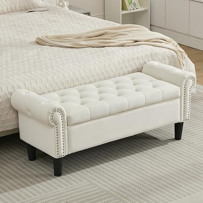 Storage Bench, 50" Queen End of Bed Bench, Velvet Tufted Button Upholstered Bedroom Bench, Storage Ottoman with Rolled Arms, Window Bench with Storage, for Living Room, Entryway Beige