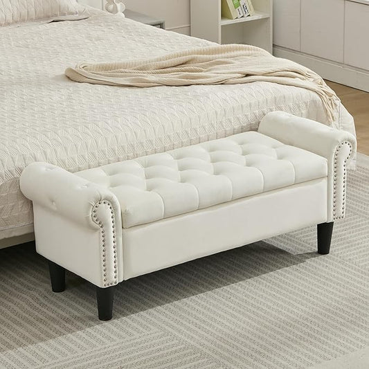 Storage Bench, 50" Queen End of Bed Bench, Velvet Tufted Button Upholstered Bedroom Bench, Storage Ottoman with Rolled Arms, Window Bench with Storage, for Living Room, Entryway Beige