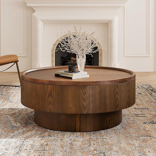 Round Wood Coffee Table with Storage, 30.7" Modern Circle Coffee Table with Removable Lid, Rustic Drum Center Table Handcraft Accent Table for Living Room Small Space Apartment Office (Brown)