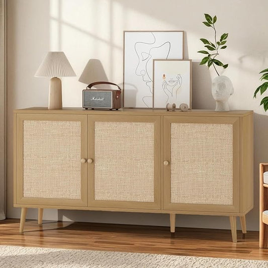 59" Rattan-Door Sideboard Cabinet with Shelf, 3-Door TV Stand Credenza Buffet with Generous Storage, Modern Accent Cabinet for Living Room & Kitchen, Natural Oak