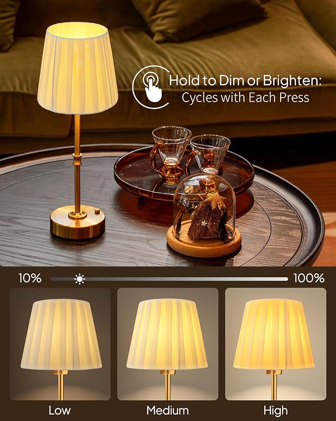 EppieBasic Cordless Table Lamp Rechargeable: Fast Charging & Long Lasting - 2700K Warm Light Vintage Gold Lamps - Dinning Living Room Bedroom - Pleated Shade