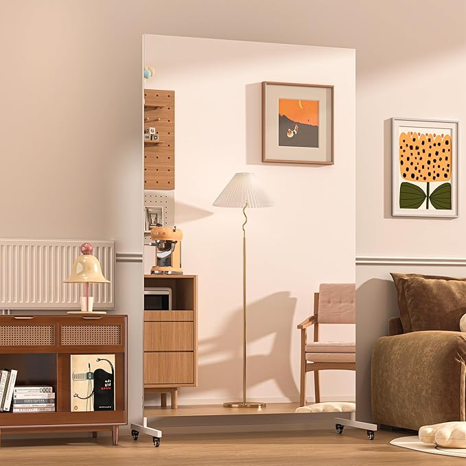 Hasipu Home Gym Mirror 360° Swivel on Wheels, 74.8" x 40" Extra Large Full Body Rolling Mirror for Yoga Studio, Bedroom, Dancing Studio, White